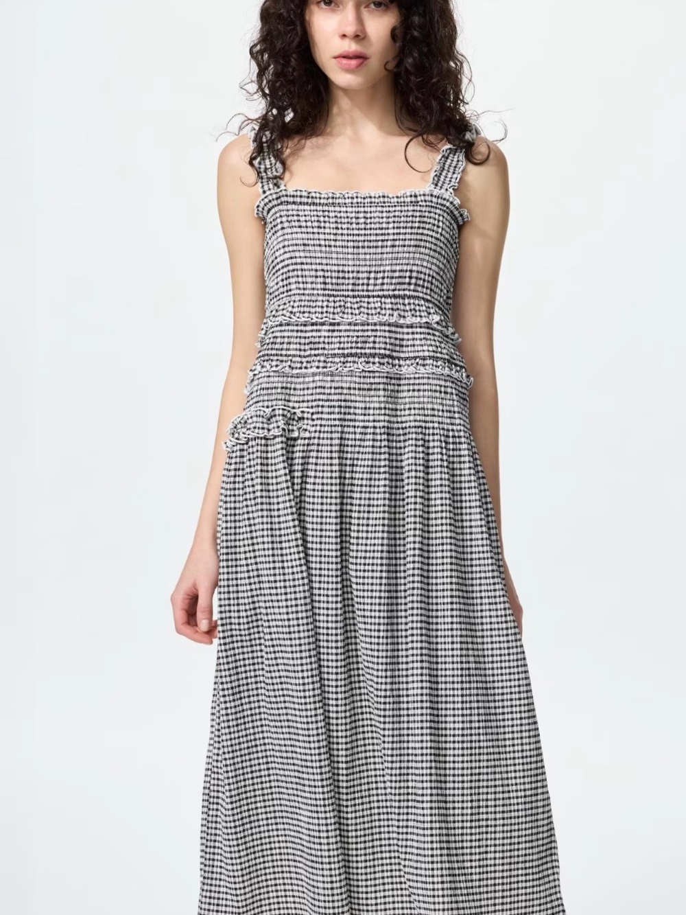 Cecilie Bahnsen x Uniqlo Black & White Gingham Maxi Dress with Smocked Bodice
